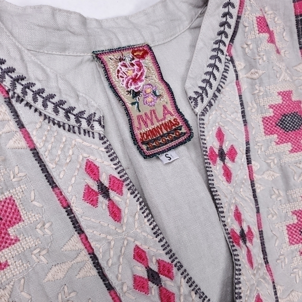 Johnny Was Gray Linen Pink Embroidered Tunic Dress Sz S - Picture 6 of 16